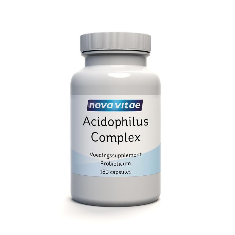 Nova Vitae Acidophilus complex capsules with micro-organisms, showing a close-up of the supplement bottle and capsules.