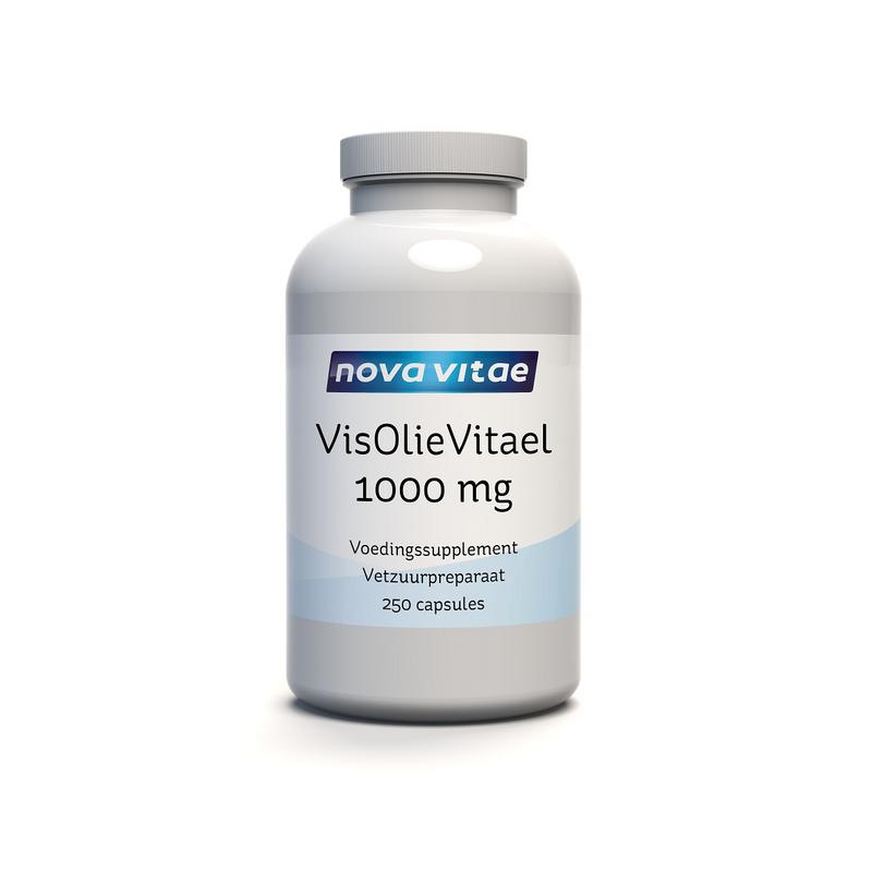 Nova Vitae Vitael 1000mg salmon oil capsules, rich in omega-3 fatty acids, shown in a clear container.