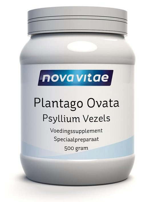 Nova Vitae Plantago ovata psyllium fiber in 500g package, natural dietary fiber supplement with enzymes, in a clear container.