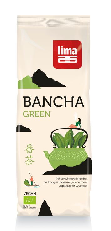 Lima Green Bancha tea loose leaf in 100g package, organic green tea from Lima, showcasing fresh green tea leaves.