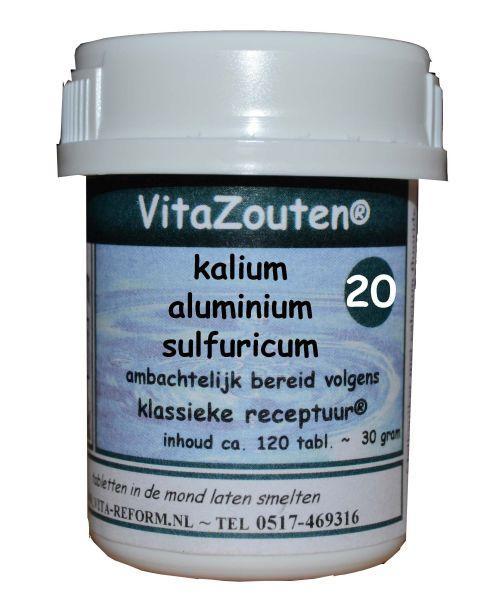 Vitazouten Kalium aluminium sulfuricum mineralen tablet, close-up of 120 tablets in blister pack, natural mineral supplement.