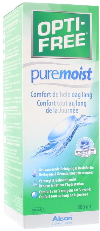 Optifree Puremoist MPDS contact lens solution bottle with blue cap and label, 300ml, for lens cleaning and comfort.