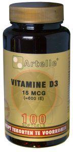 Artelle Vitamin D3 15mcg supplement in a bottle of 100 capsules, showing the product packaging and capsules.