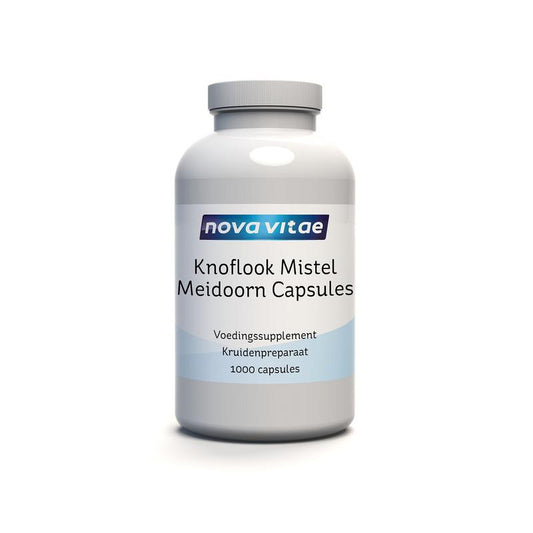 Nova Vitae Kruidenpreparaten capsules met knoflook, mistel en meidoorn, 1000 capsules, herbal supplement for wellness.