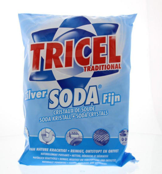 Tricel Zilver soda fijn cleaning powder, 1 kg, in a plastic bag for household cleaning and stain removal.