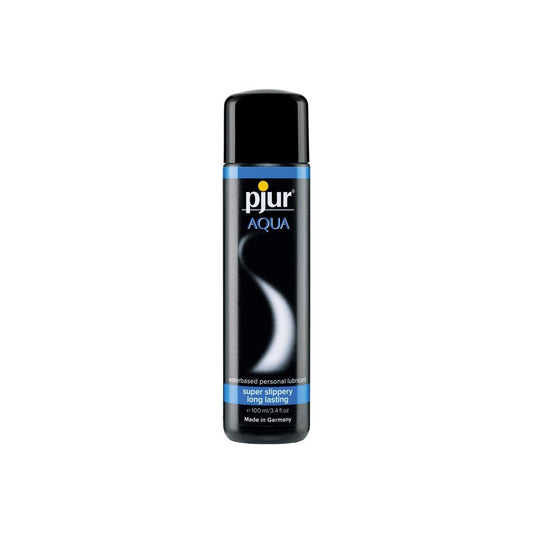 Pjur Aqua water-based lubricant bottle with 100ml capacity, clear packaging, and the Pjur brand logo visible.
