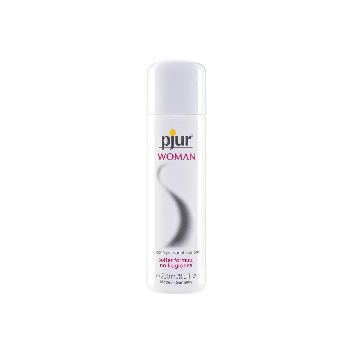 Pjur Woman silicone-based lubricant in a 250ml bottle, smooth and clear gel for intimate use, designed for comfort and lubrication.