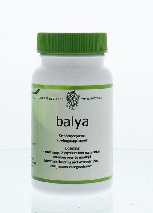 Surya Balya herbal supplement capsules from Surya, featuring 60 capsules of kruidenpreparaten in a clear container.