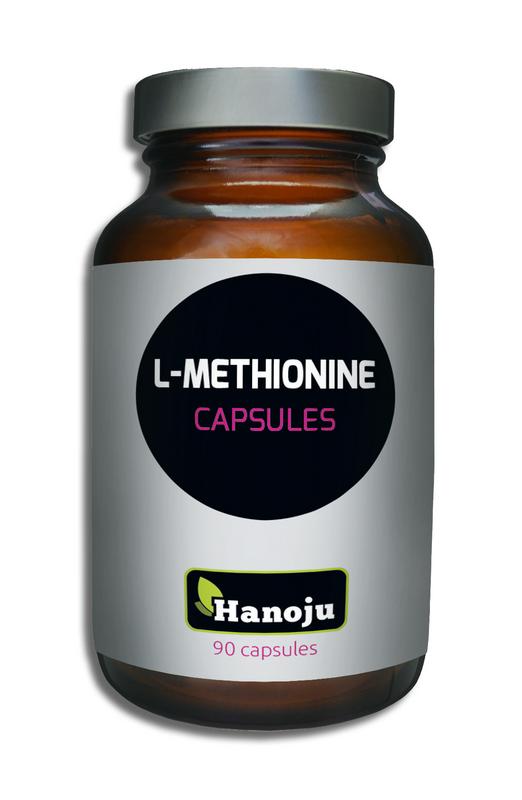 Hanoju L-Methionine vegetarian capsules, amino acid supplement, shown in clear bottle with capsules inside.