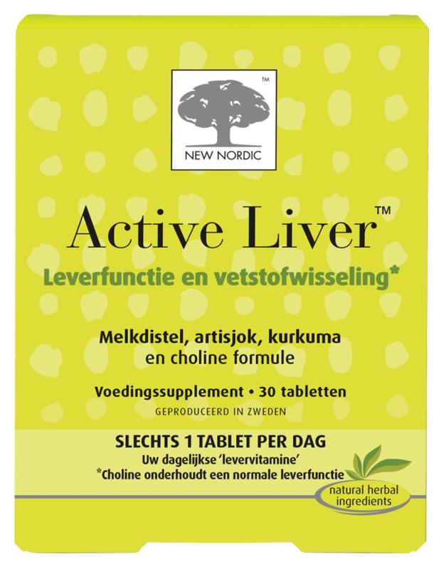 New Nordic Active Liver herbal supplement tablets in a bottle, natural herbal preparation for liver health.