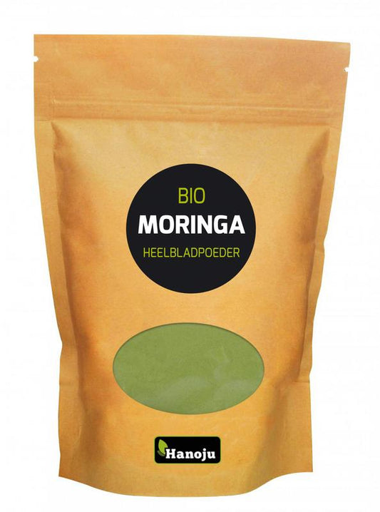 Hanoju Bio Moringa Powder 200g jar showing vibrant green powdered Moringa in a clear container.