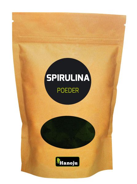 Hanoju Spirulina premium powder in a 250g package, natural green spirulina supplement in a clear container.