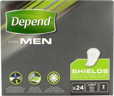Depend Shields for men, incontinence protection, 24 pack, discreet absorbent pads for urinary control, shown in the image.