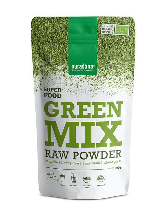 Purasana Green Mix vegan bio superfood powder in a 200g package, featuring a vibrant green blend of raw superfoods.