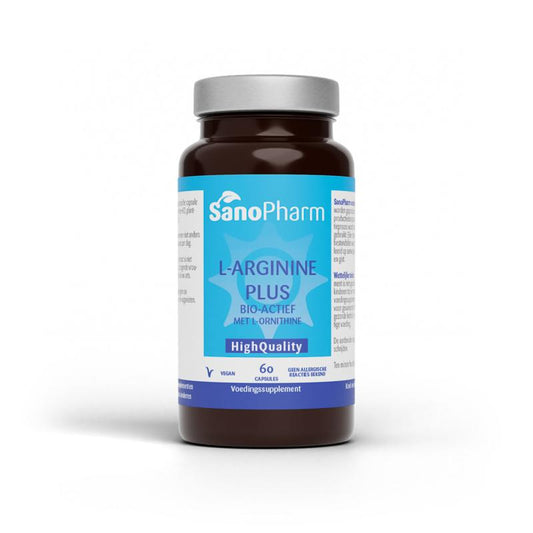 SanoPharm L Arginine amino acid capsules, high-quality supplement, 60 capsules in a clear bottle with label.