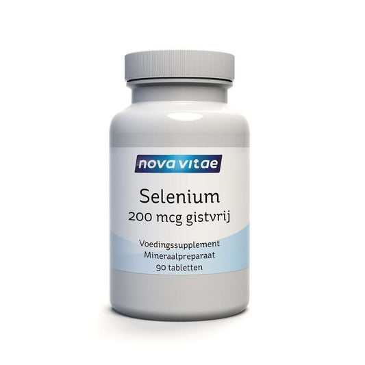 Nova Vitae Selenium 200 mcg mineral supplement in a bottle of 90 tablets, showcasing the supplement tablets and label.