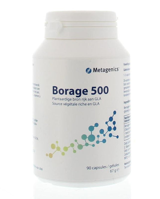 Metagenics Borage 500 Vetzuren capsules in a bottle, dietary supplement with 90 capsules for skin and wellness support
