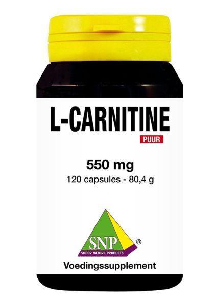 SNP L-Carnitine 550mg pure amino acid capsules, 120 count, shown in a bottle with capsules visible.