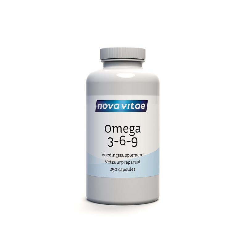 Nova Vitae Omega 3 6 9 Vetzuren capsules, 1000 mg, showing a bottle of 250 capsules with label details.