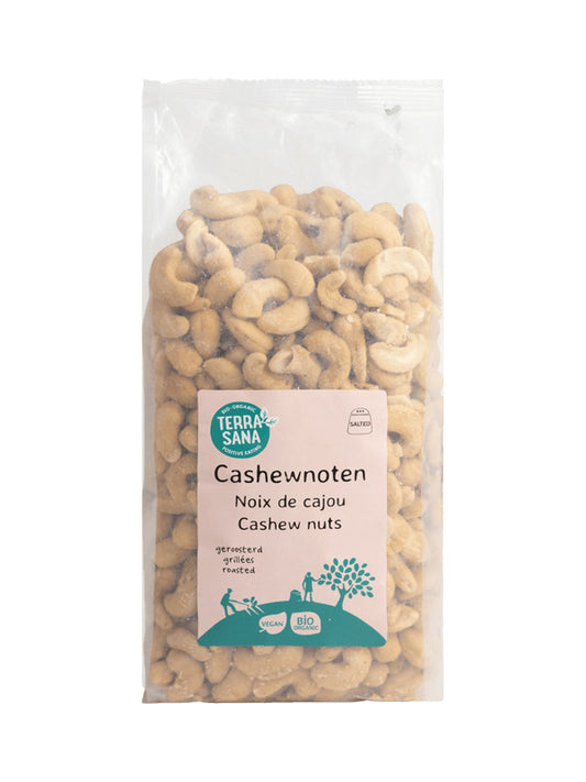 TerraSana roasted salted cashew nuts in a bowl, 750g organic chips and zoutjes product, close-up of crunchy, salted cashews