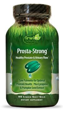 Irwin Naturals Prosta-Strong herbal supplement softgels in a bottle, highlighting natural ingredients for prostate health.
