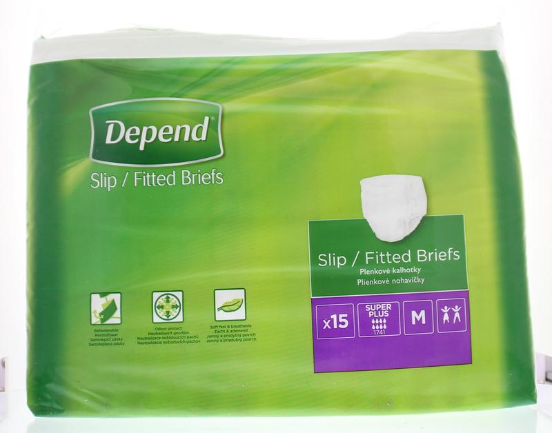 Depend Slip Super Plus incontinence pads, size M, set of 15, designed for reliable bladder leak protection.
