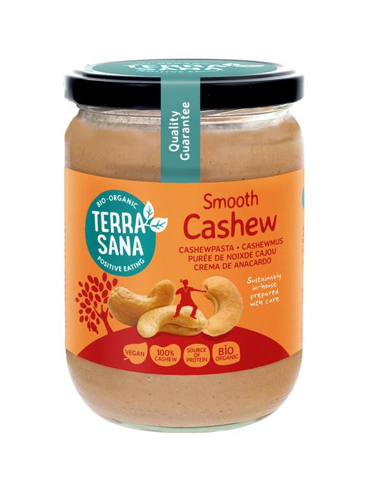 Organic TerraSana cashew nut spread without salt in a 500g jar, ideal as a natural bread topping or snack.