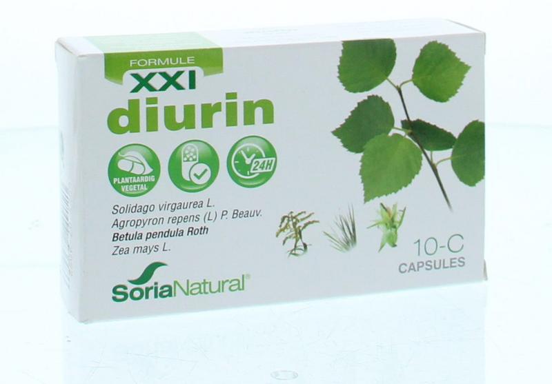 Soria Natural Diurin 10-C XXI herbal capsules in a bottle, part of Soria Natural kruidenpreparaten line.