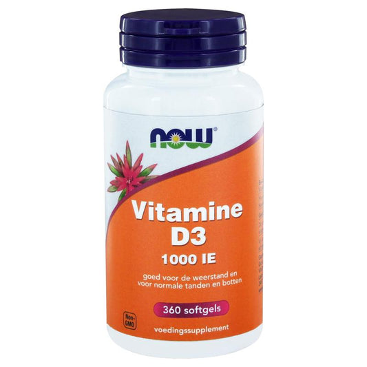 NOW Vitamine D3 1000IU softgels in bottle, supplement for bone health, with 360 softgels per bottle.