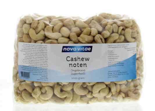 Raw unroasted cashew nuts from Nova Vitae, 1 kilogram, shown in a natural, whole form perfect for superfood and healthy eating.