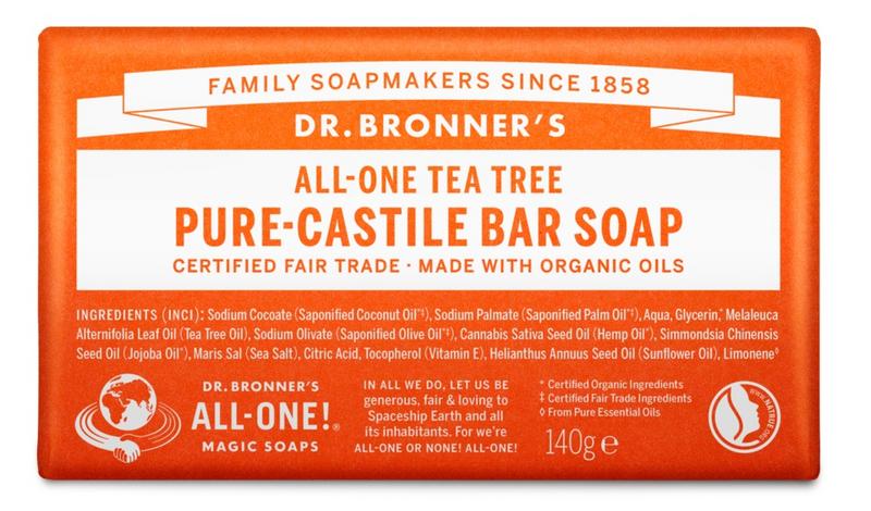 Dr Bronners Tea Tree Bar Soap 140g, natural zeep with tea tree oil, featuring a white soap bar with textured surface.