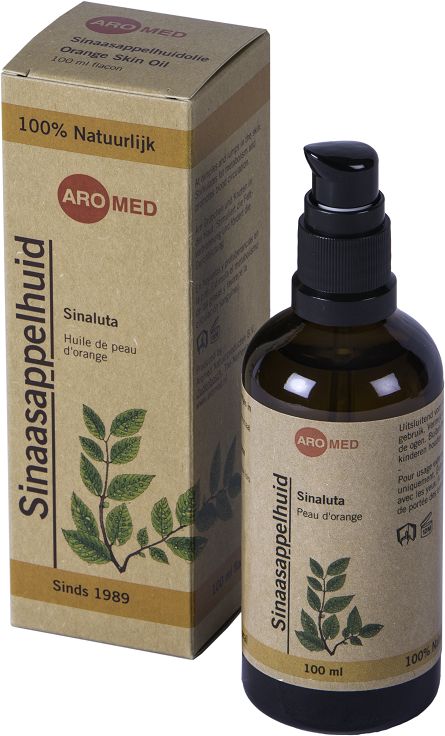 Aromed Sinaluta sinaasappelhuid body care product in a 100ml bottle with orange and white packaging, designed for skin health.