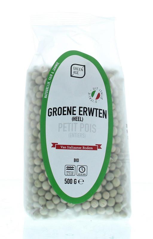 Greenage organic green peas in 500g packaging, fresh and healthy vegetable for cooking and snacking.