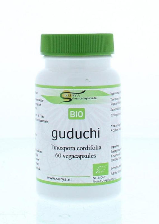 Surya Guduchi bio capsules in a bottle, herbal supplement from Surya Kruidenpreparaten, natural traditional herbal remedy.