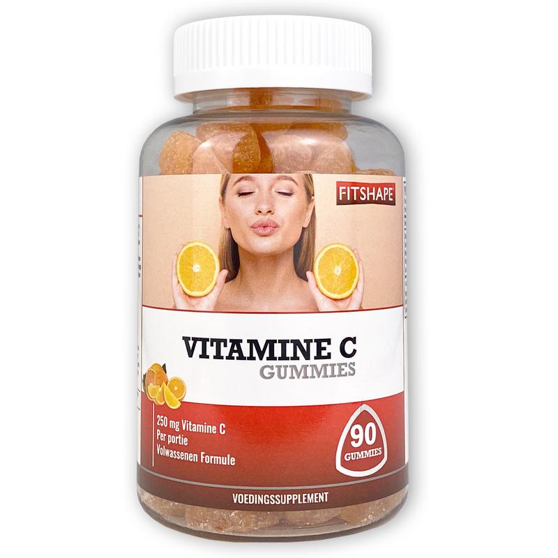 Close-up of Fitshape Vitamin C 90 gummies in a clear container, showing bright orange, chewy vitamin C supplements.