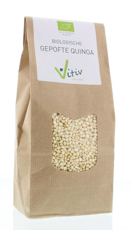 Vitiv bio quinoa puffed superfood in a 100g package, showing light, crispy puffed quinoa grains on a white background.