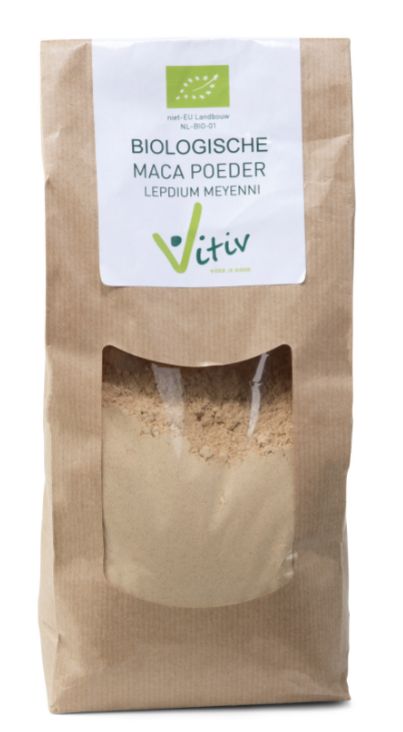 Vitiv Rode Maca Poeder Bio 500g, organic raw superfood powder in a resealable bag with a scoop for easy serving.