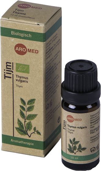 Aromed bio thyme essential oil in a 10ml glass bottle, with a white label and a dropper cap, on a neutral background.