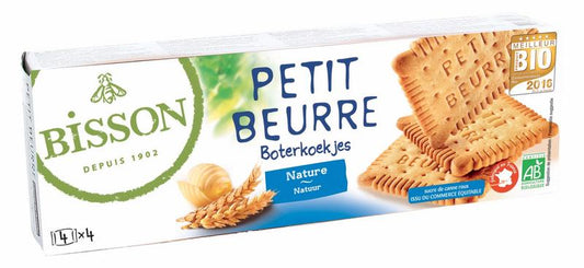 Bisson Bio Petit Beurre Koeken biscuits in a 150g package, featuring golden, crispy biscuits with ridged edges and Bisson branding.