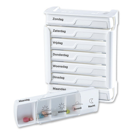 Spruyt Hillen Anabox 7-day compact medicine storage box with 1 unit, featuring daily compartments for organized medication.