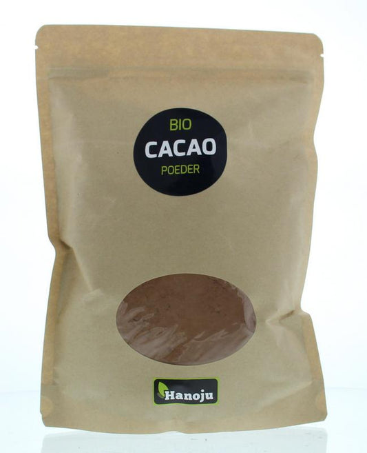 Hanoju organic cacao powder in a 500g package, showing the dark cocoa powder and product label in the image.