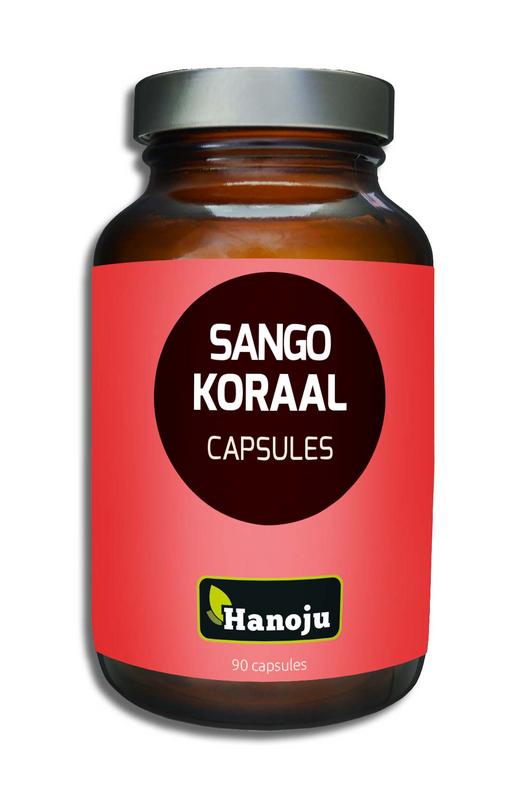 Hanoju Koraalcalcium mineral capsules in a bottle, showing the label and capsules inside, natural supplement for bone health