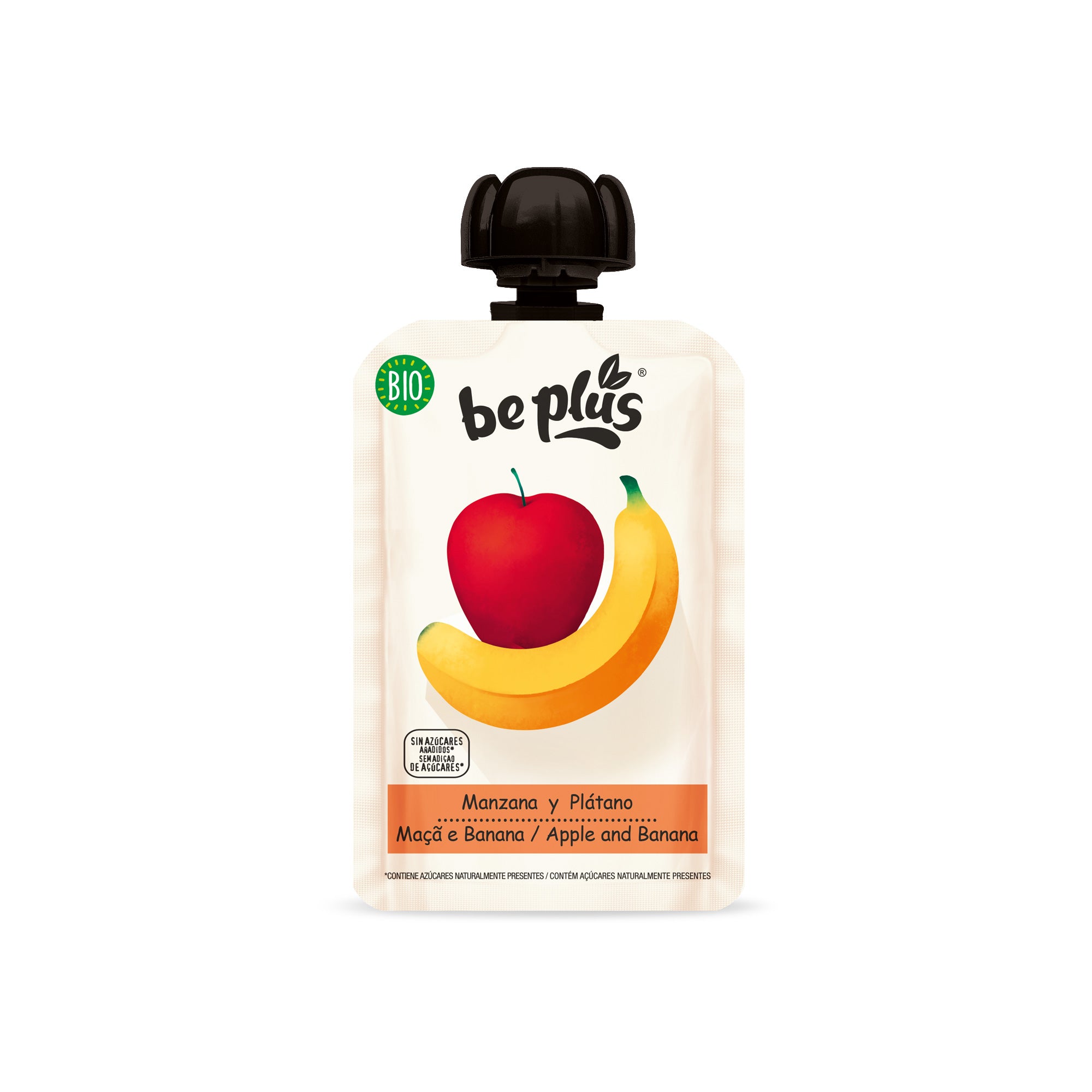 Beplus 100g organic apple and banana juice in a clear plastic bottle, featuring fresh fruit images on the label.