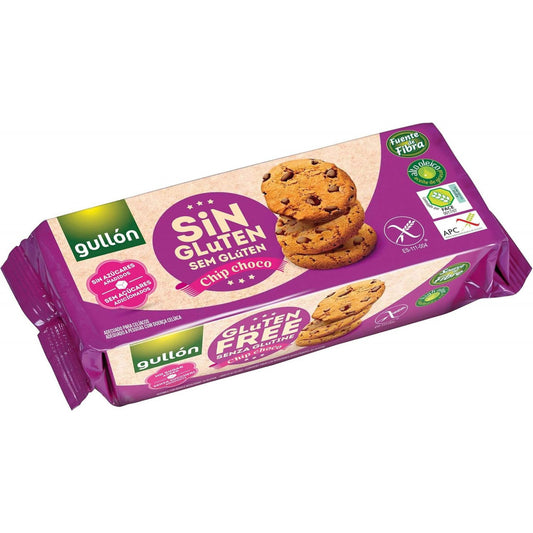 Gullon gluten-free chocolate chip cookies in a 130g package, showing golden-brown koeken with chocolate chips.