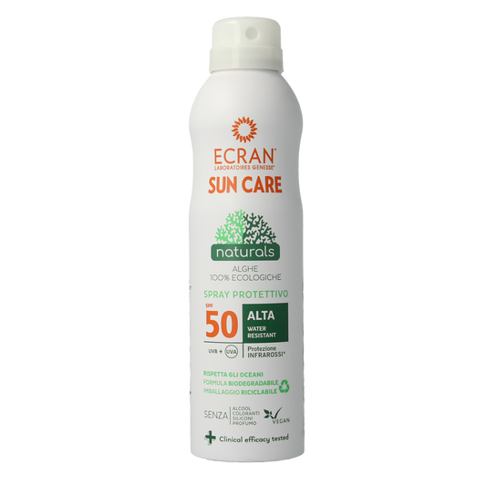 Ecran Sun Care Sunnique Natural SPF50 sunscreen lotion in 250ml bottle, sun protection for skin.