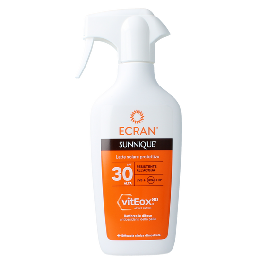 Ecran Sunique trigger SPF30 sun lotion bottle, 270ml, with pump dispenser, for sun protection and skin care.