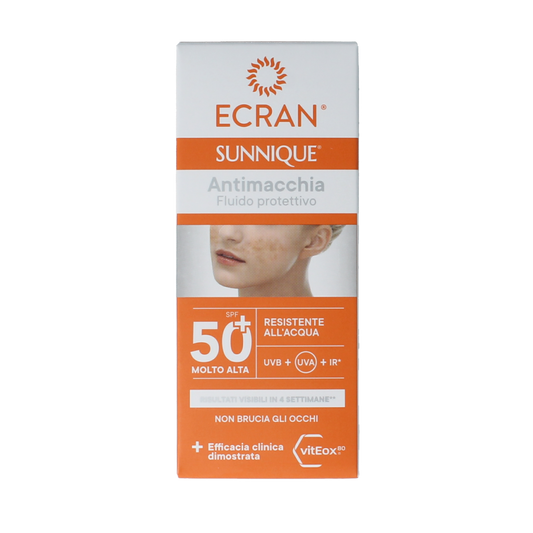 Ecran Sunique facial sunscreen SPF50 50ml bottle, anti-blemish sun protection for face with sunscreen branding on the bottle.