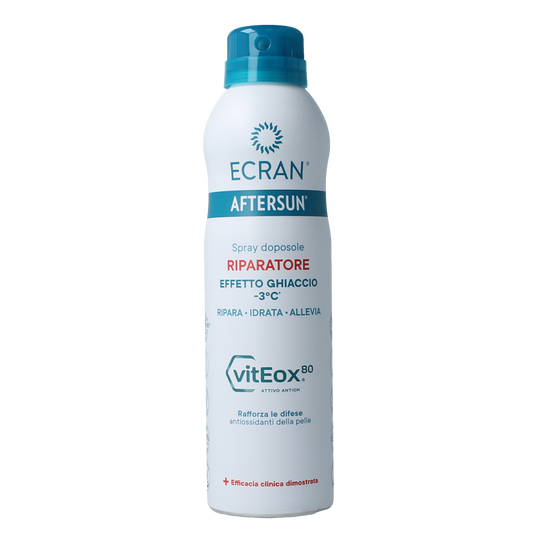 Ecran Aftersun Repair aerosol spray bottle, 250ml, for sunburn relief and skin soothing after sun exposure.