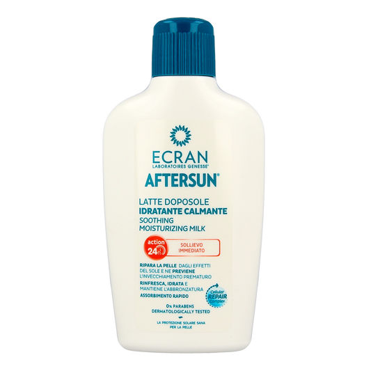 Ecran Aftersun melk hydraterend en kalmerend voor de huid, 200 ml fles met zonnen product voor verzachting en huidherstel
