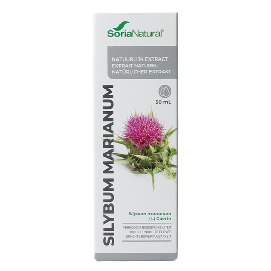 Soria Natural Silybum marianum extract 50ml, herbal supplement in a glass dropper bottle, with herbal ingredients visible.